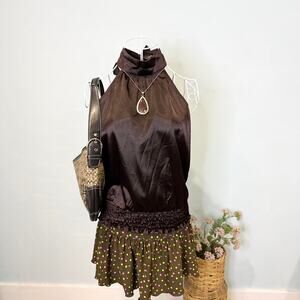 NWT Gorgeous vintage y2k brown high neck flowy fitted babydoll tank top